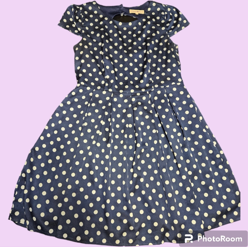 Altar'd State blue polkadot dress with circular back opening amf high neckline